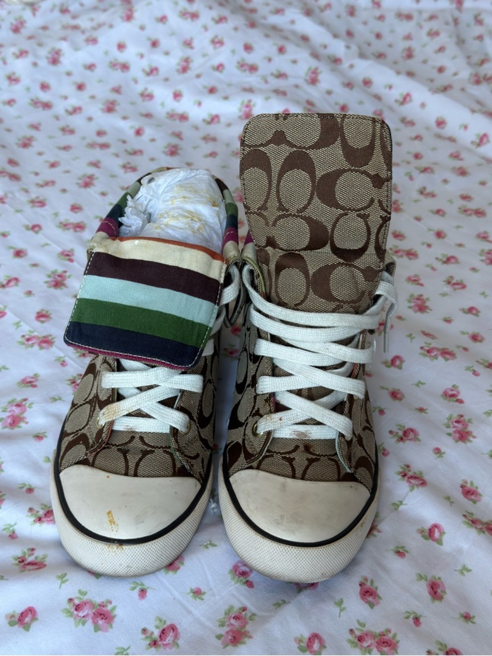 2000s Coach brown and tan striped high top sneakers